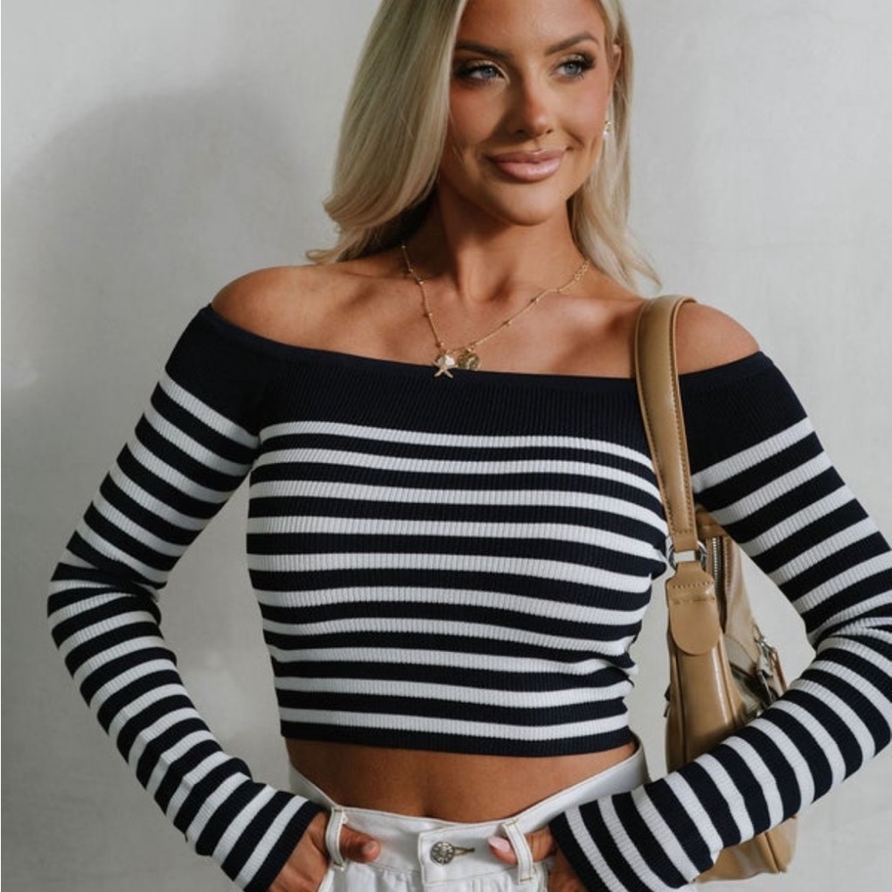 Striped Off-Shoulder Sweater These Three Boutique Eden Striped Top Navy